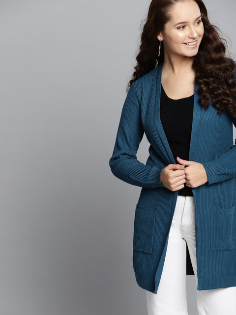 

HERE&NOW Women Navy Blue Ribbed Front-Open Sweater