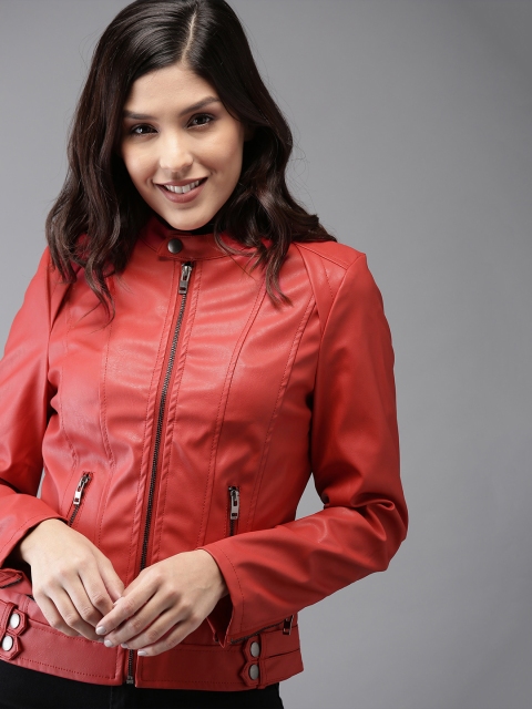 

HERE&NOW Women Red Solid Biker Jacket