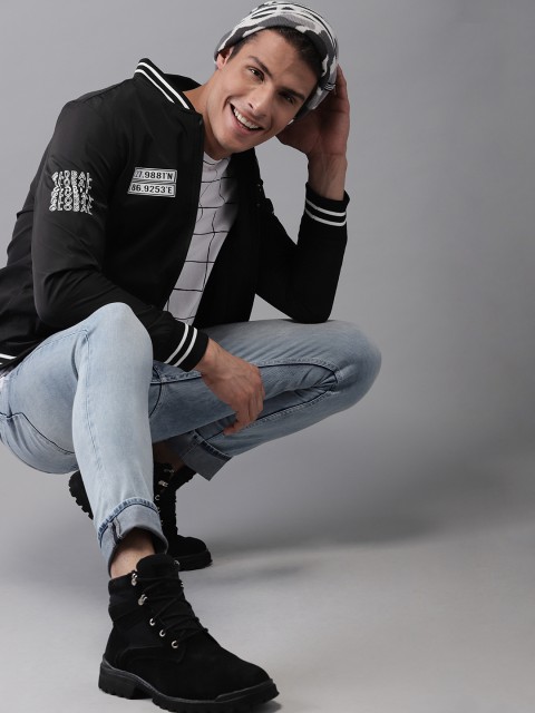 

HERE&NOW Men Black Printed Lightweight Bomber Jacket