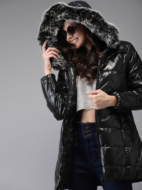 

HERE&NOW Women Black Solid Longline Puffer Jacket