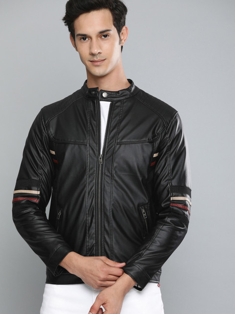 

HERE&NOW Men Black Solid Biker Jacket