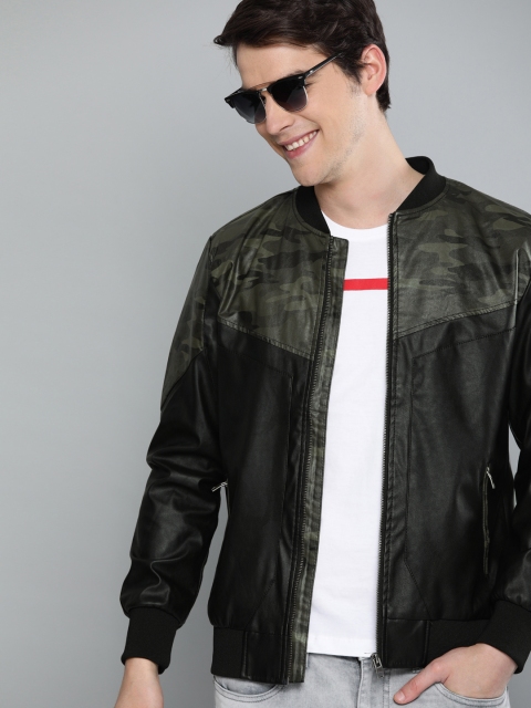 

HERE&NOW Men Black & Olive Green Camouflage Printed Bomber Jacket