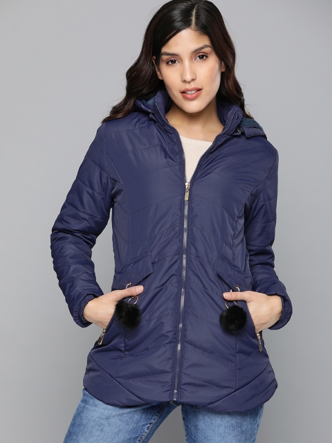 

HERE&NOW Women Navy Blue Solid Padded Long-line Jacket