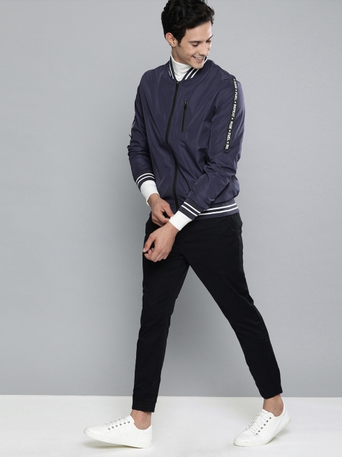 

HERE&NOW Men Navy Blue Solid Bomber