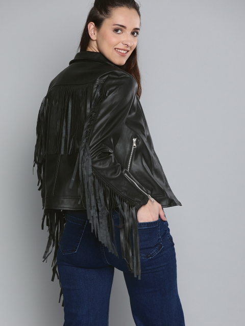 

HERE&NOW Women Black Solid Fringed Biker Jacket