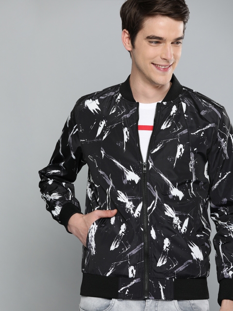 

HERE&NOW Men Black & White Printed Bomber Jacket