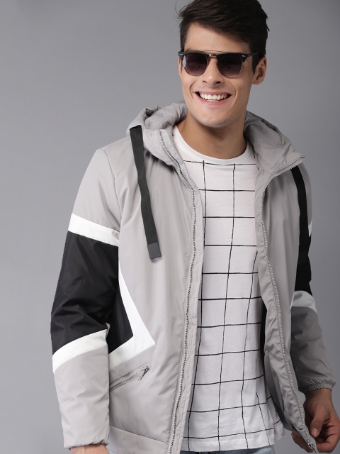 

HERE&NOW Men Grey & Black Colourblocked Hooded Padded Jacket