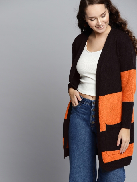 

HERE&NOW Women Black & Orange Colourblocked Front Open Longline Sweater