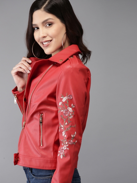 

HERE&NOW Women Red Solid Biker Jacket