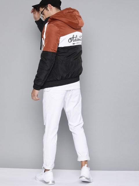 

HERE&NOW Men Rust Red & Black Colourblocked Puffer Jacket