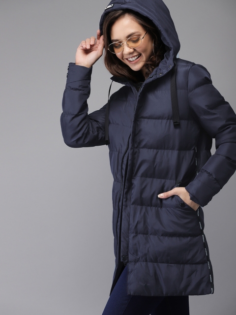 

HERE&NOW Women Navy Blue Solid Longline Puffer Jacket