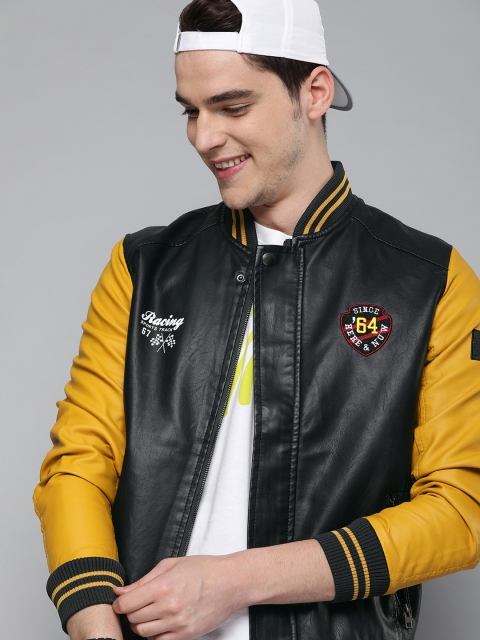 

HERE&NOW Men Black & Mustard Yellow Colourblocked Bomber Jacket
