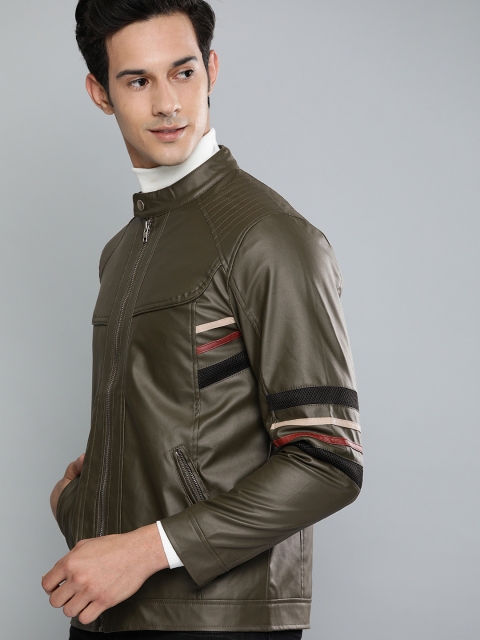 

HERE&NOW Men Olive Green Solid Biker Jacket
