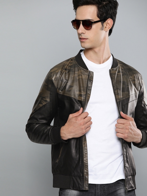 

HERE&NOW Men Black & Olive Green Camouflage Printed Bomber Jacket