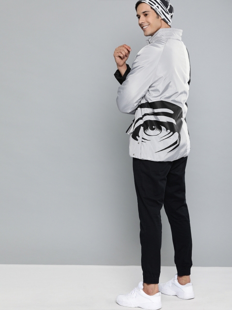 

HERE&NOW Men Black & Grey Colourblocked Padded Jacket With Printed Details