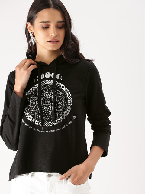 

DressBerry Women Black Printed Hooded Sweatshirt