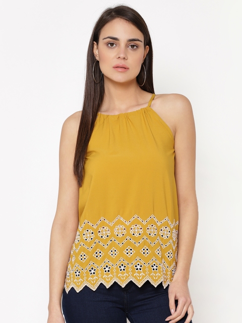 

Carlton London Women Mustard Yellow Schiffli Embroidered Top