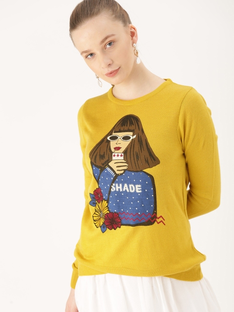 Women Mustard Yellow Printed Sweater
