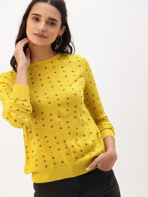 Women Yellow Printed Sweater