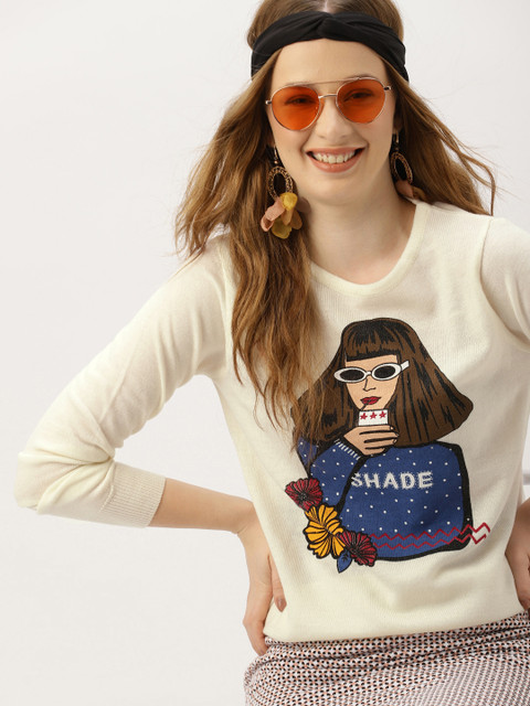 

DressBerry Women Off-White & Blue Printed Pullover Sweater