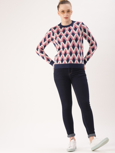 

DressBerry Women Navy Blue & Pink Printed Sweater