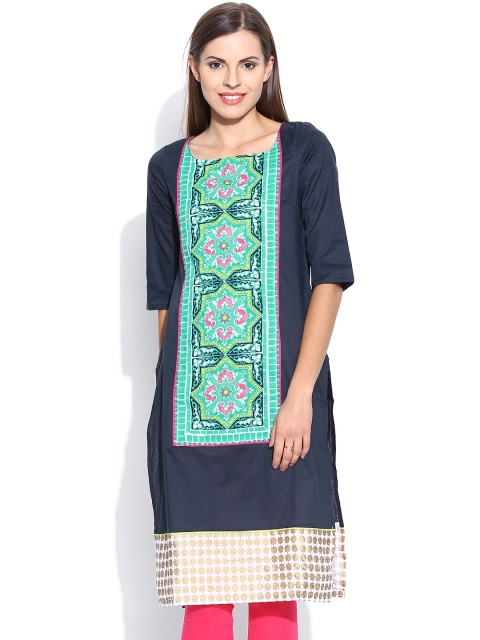 

W Navy Printed Panelled Kurta, Navy blue