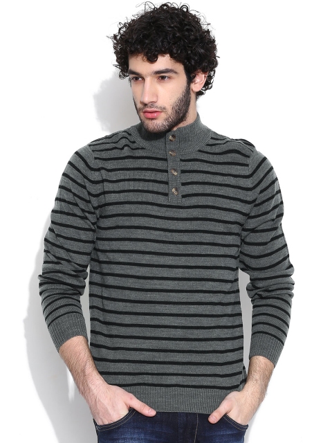 

Flying Machine Grey Melange Striped Sweater