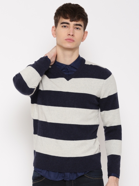 

Flying Machine Navy & Off-White Lambswool Striped Sweater, Navy blue