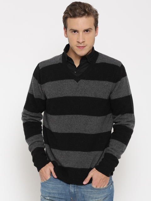 Flying Machine Grey Melange Lambswool Striped Sweater