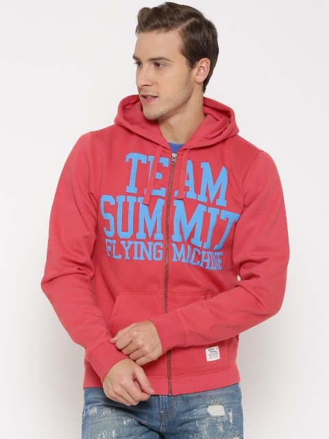 

Flying Machine Coral Red Printed Hooded Sweatshirt