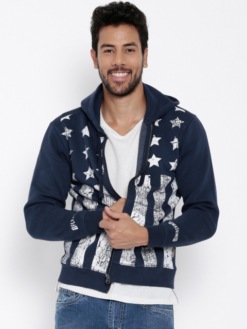 

Flying Machine Navy Printed Hooded Sweatshirt, Navy blue