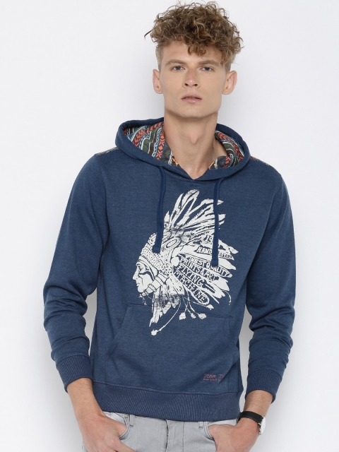 

Flying Machine Blue Printed Hooded Sweatshirt