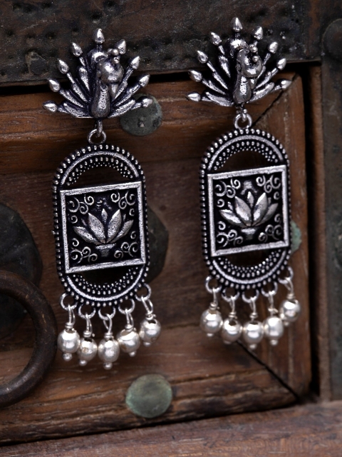 

Infuzze Women Oxidised Silver-Toned Brass-Plated Peacock Shaped Drop Earrings