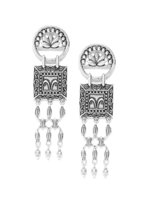

Infuzze Silver-Toned Brass-Plated Oxidized Geometric Drop Earrings