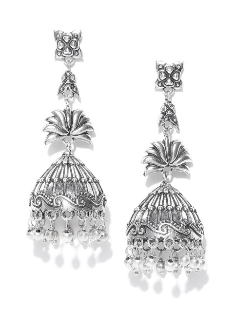 

Infuzze Silver-Toned Brass-Plated Oxidized Dome Shaped Jhumkas