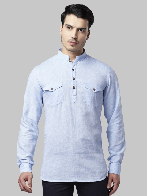 

ethnix Men Blue Solid Straight Linen Kurta
