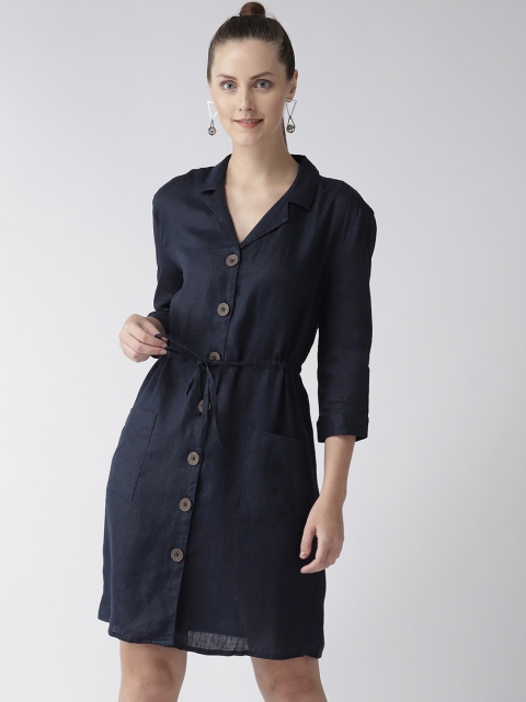 

Marks & Spencer Women Navy Blue Linen Solid Shirt Dress