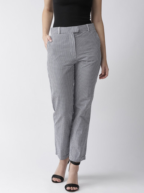 

Marks & Spencer Women White & Navy Blue Straight Fit Checked Regular Trousers