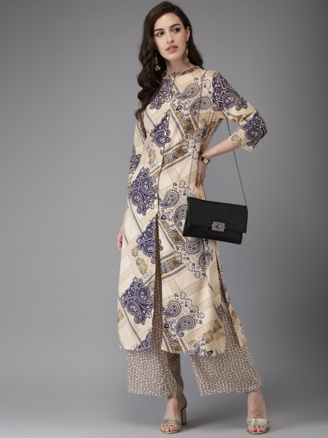 

Anouk Women Beige & Navy Blue Printed Straight Kurta with Palazzos