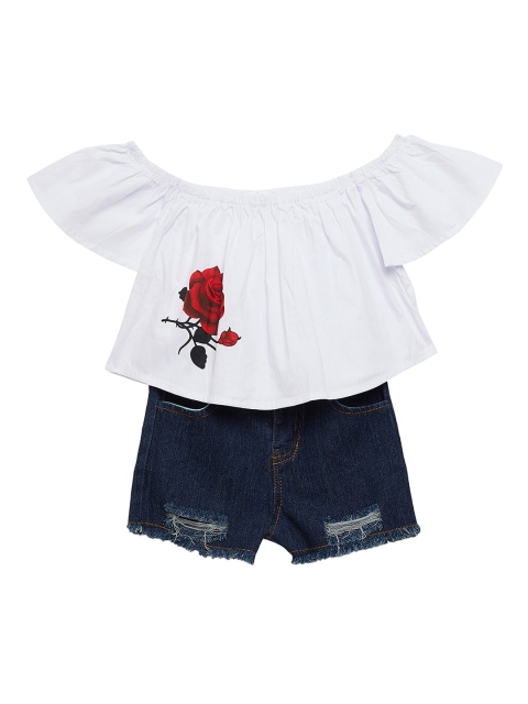 

Camey Girls White & Navy Blue Solid Top with Shorts