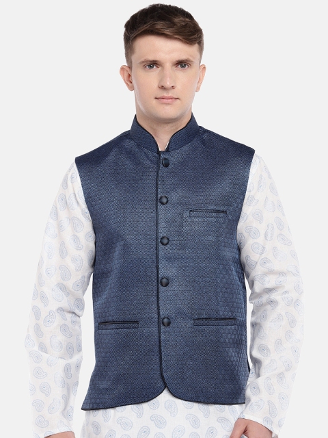 

Ethnicity Men Blue Self Designed Nehru Jacket