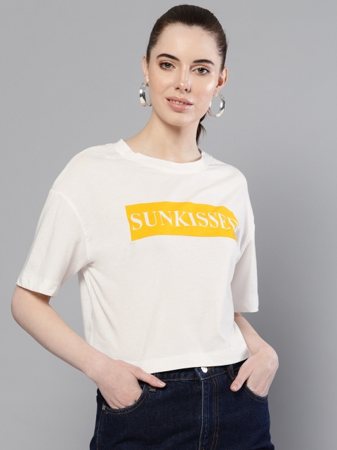 

Besiva Women White Printed Round Neck Boxy T-shirt