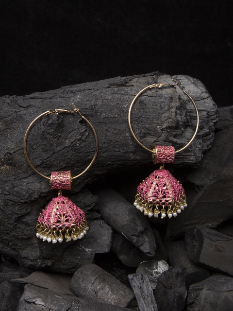 

AKS Gold-Toned & Pink Dome Shaped Hoop Earrings