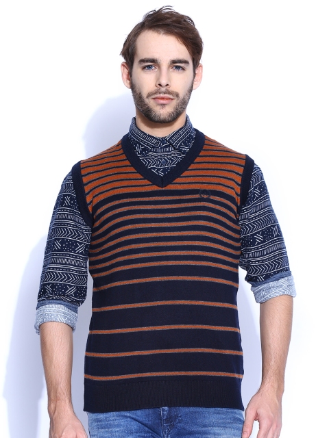 

Arrow Sport Navy & Rust Orange Striped Woollen Sweater, Navy blue