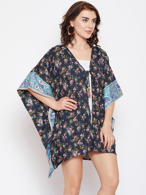 

The Kaftan Company Women Navy Floral Print Open Front Shrug, Navy blue