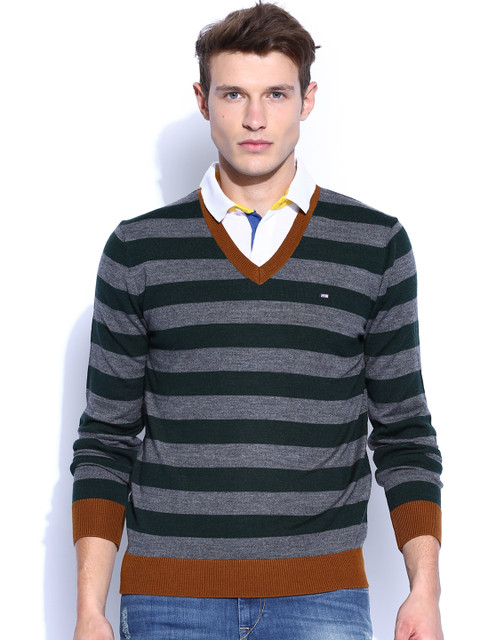 

Arrow Sport Green & Charcoal Grey Woollen Striped Sweater