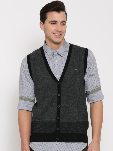 

Arrow Sport Charcoal Grey & Black Woollen Sleeveless Cardigan