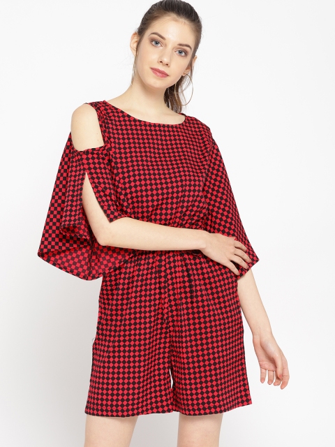 

Cottinfab Women Black & Red Checked Playsuit