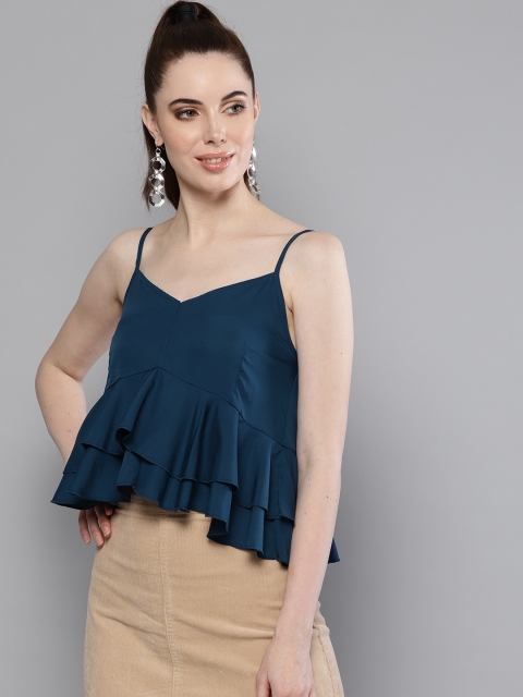 

Trend Arrest Women Teal Blue Solid Layered Crop Top