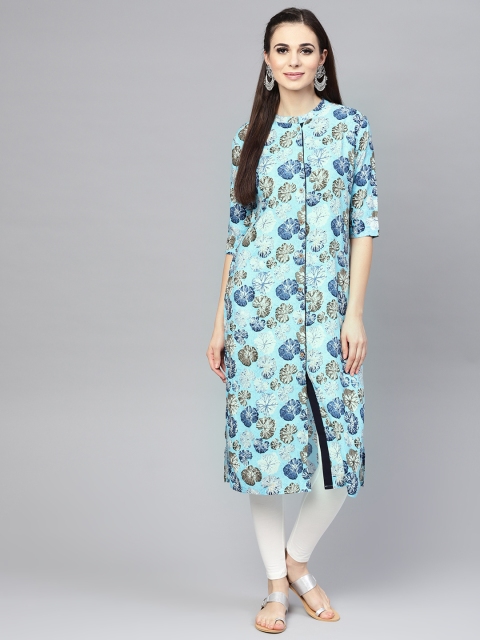 

SOJANYA Women Blue & Grey Floral Printed Straight Kurta
